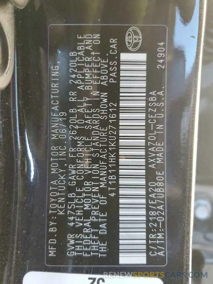 12 Фотография поврежденного автомобиля 4T1B11HK1KU271612 TOYOTA CAMRY 2019