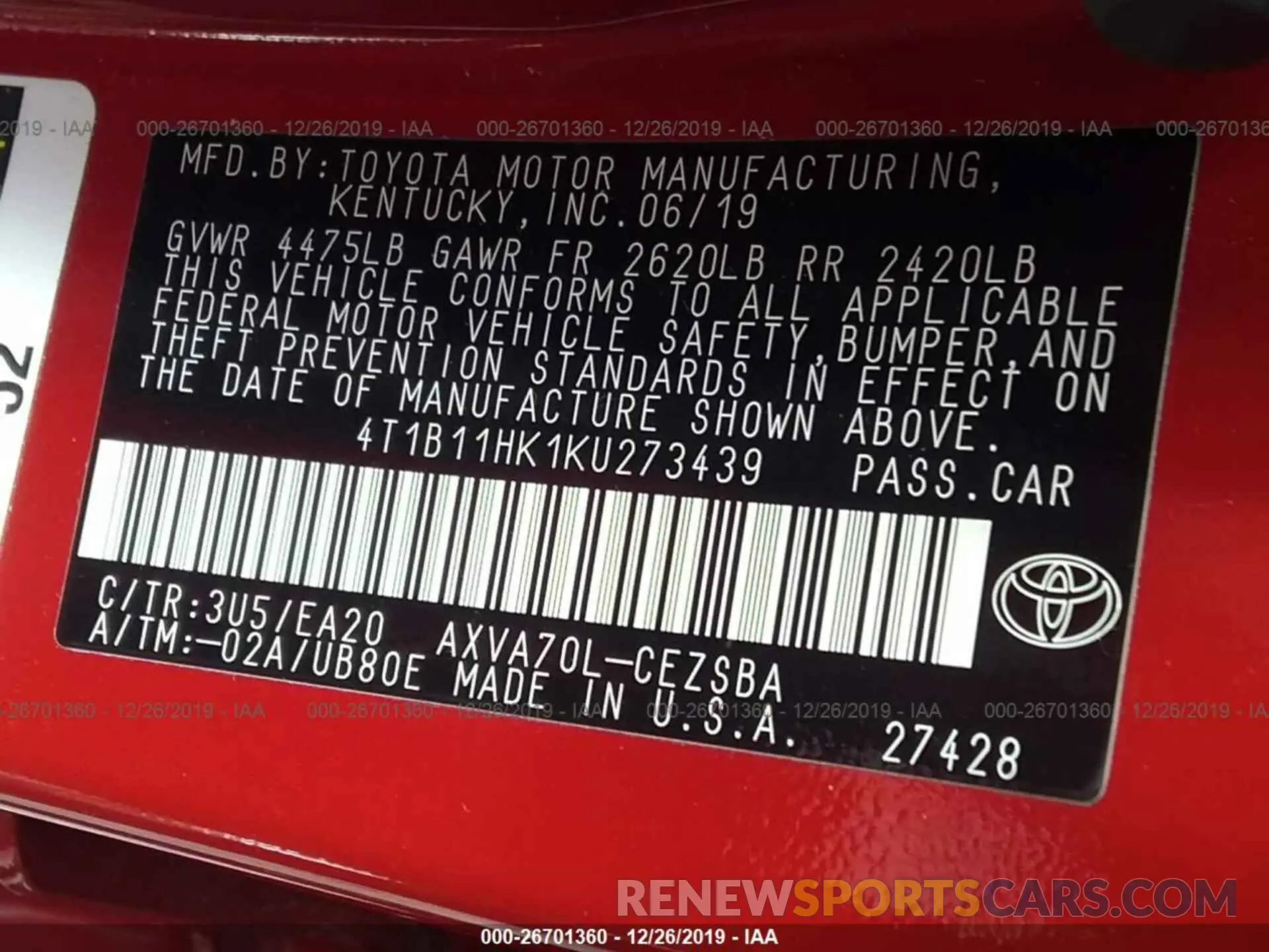 9 Photograph of a damaged car 4T1B11HK1KU273439 TOYOTA CAMRY 2019
