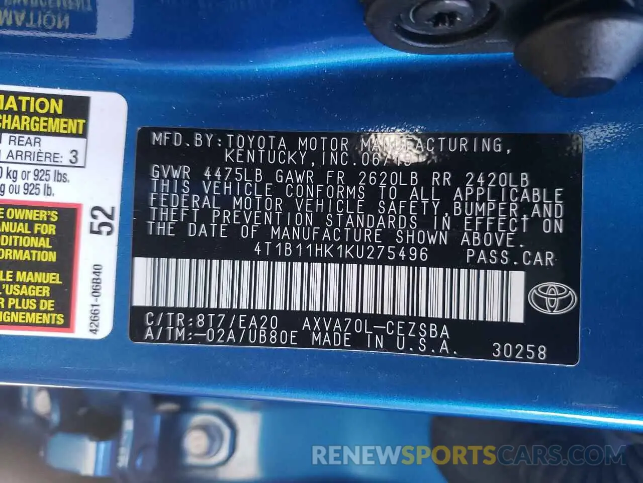 10 Photograph of a damaged car 4T1B11HK1KU275496 TOYOTA CAMRY 2019
