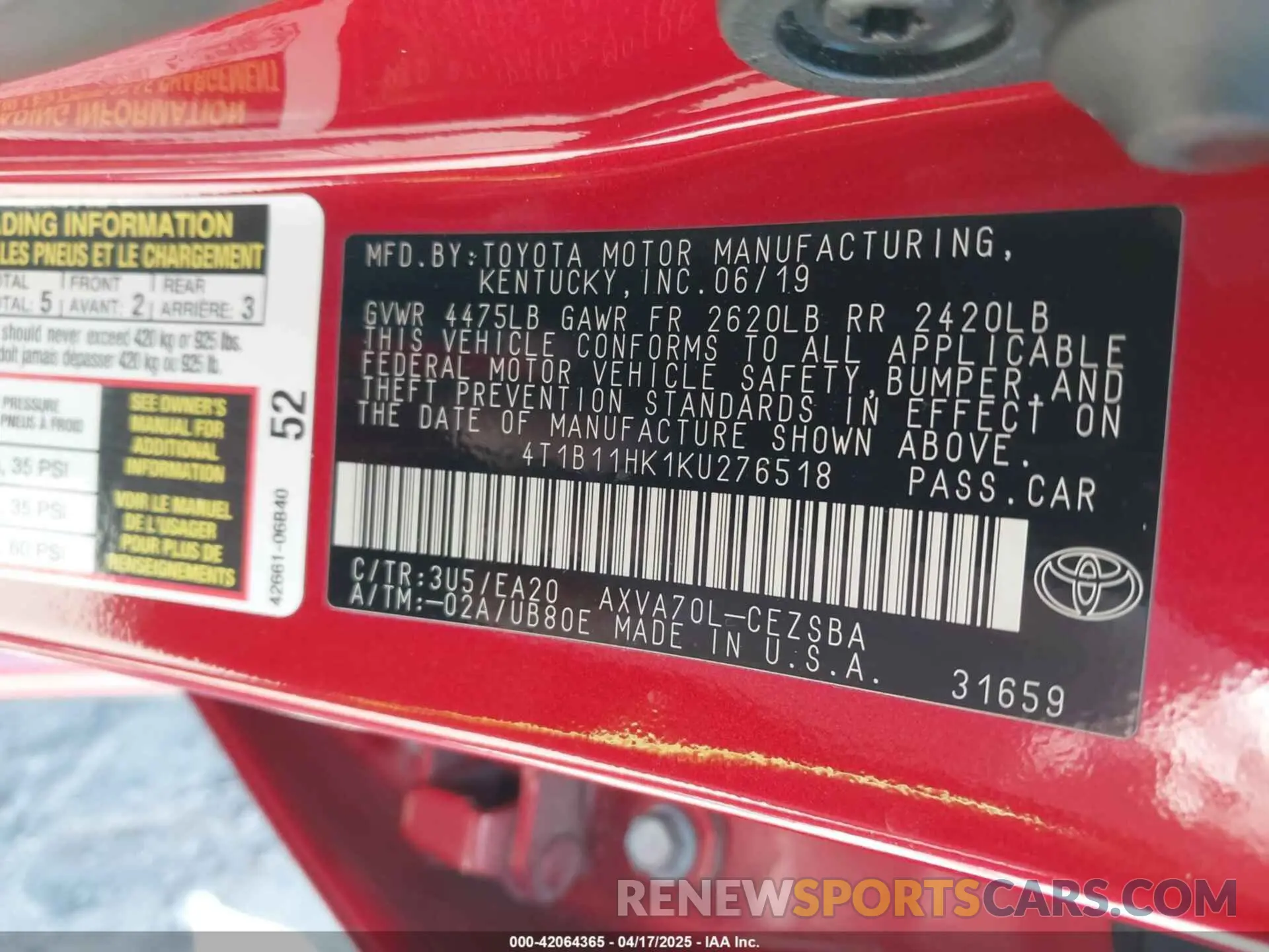 9 Фотография поврежденного автомобиля 4T1B11HK1KU276518 TOYOTA CAMRY 2019
