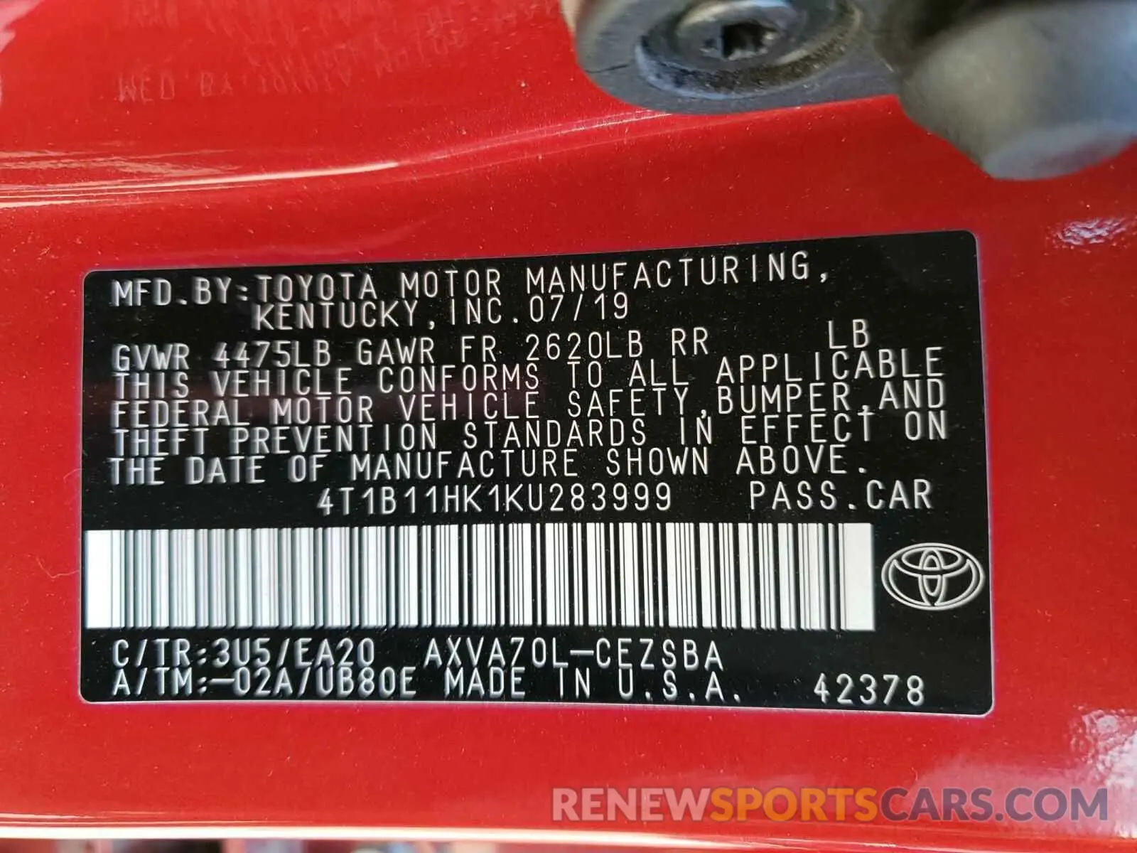 10 Photograph of a damaged car 4T1B11HK1KU283999 TOYOTA CAMRY 2019