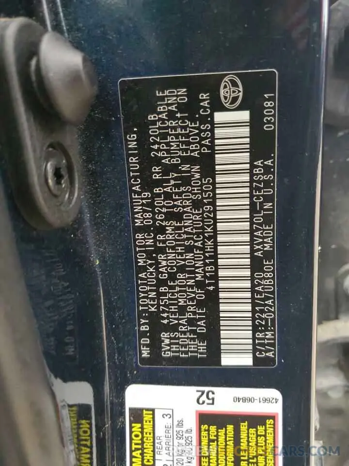 12 Photograph of a damaged car 4T1B11HK1KU291505 TOYOTA CAMRY 2019