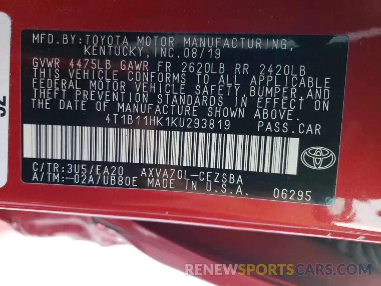 10 Photograph of a damaged car 4T1B11HK1KU293819 TOYOTA CAMRY 2019