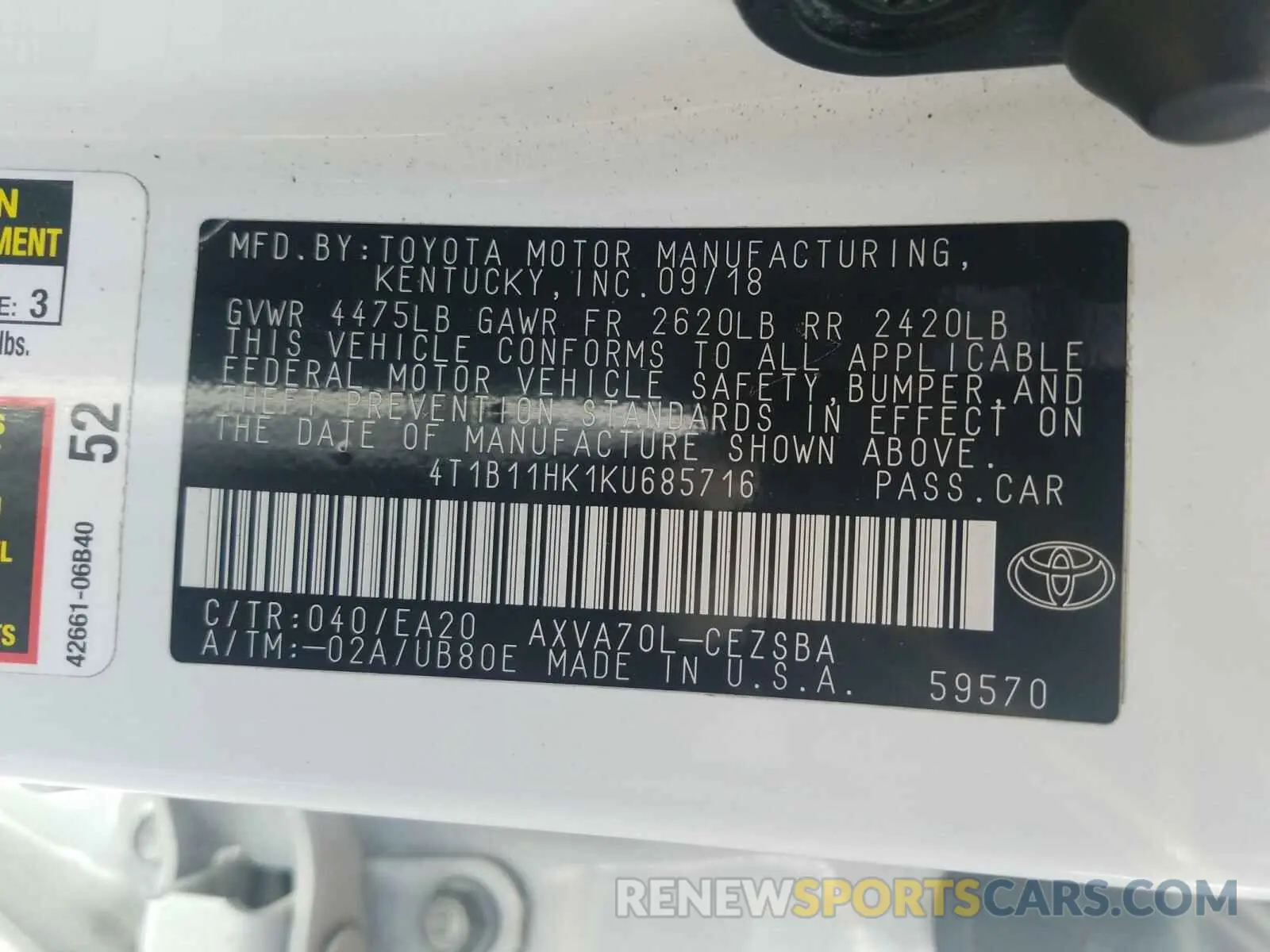 10 Photograph of a damaged car 4T1B11HK1KU685716 TOYOTA CAMRY 2019