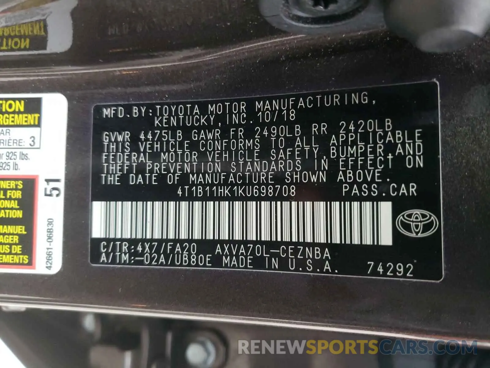 10 Photograph of a damaged car 4T1B11HK1KU698708 TOYOTA CAMRY 2019