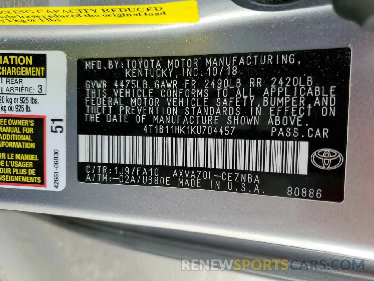 14 Photograph of a damaged car 4T1B11HK1KU704457 TOYOTA CAMRY 2019