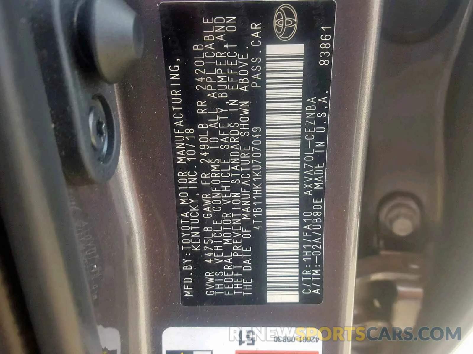 10 Photograph of a damaged car 4T1B11HK1KU707049 TOYOTA CAMRY 2019
