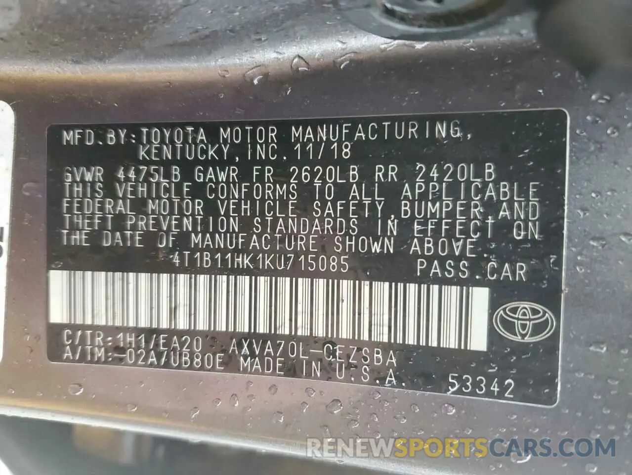 12 Photograph of a damaged car 4T1B11HK1KU715085 TOYOTA CAMRY 2019