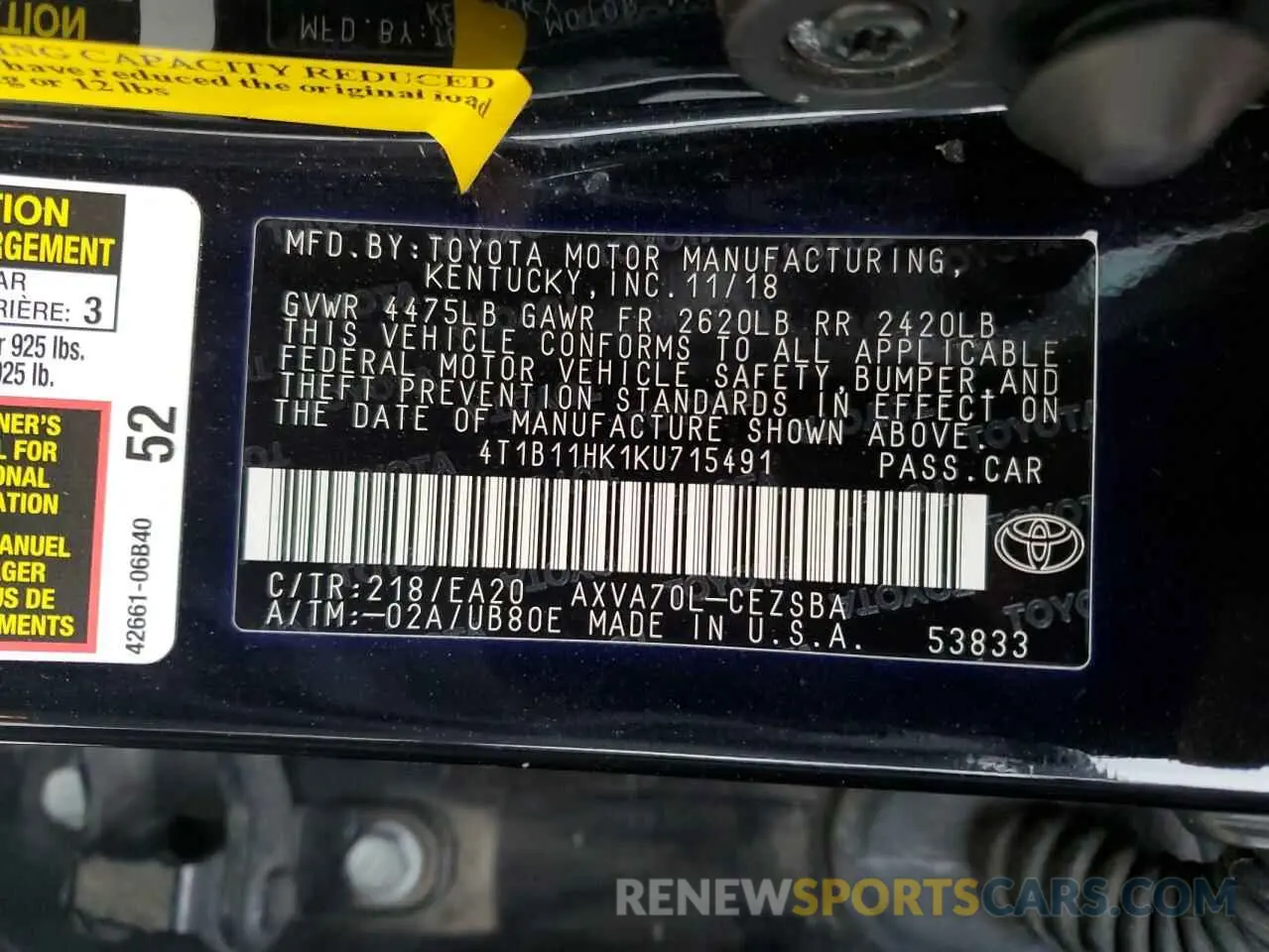 14 Photograph of a damaged car 4T1B11HK1KU715491 TOYOTA CAMRY 2019