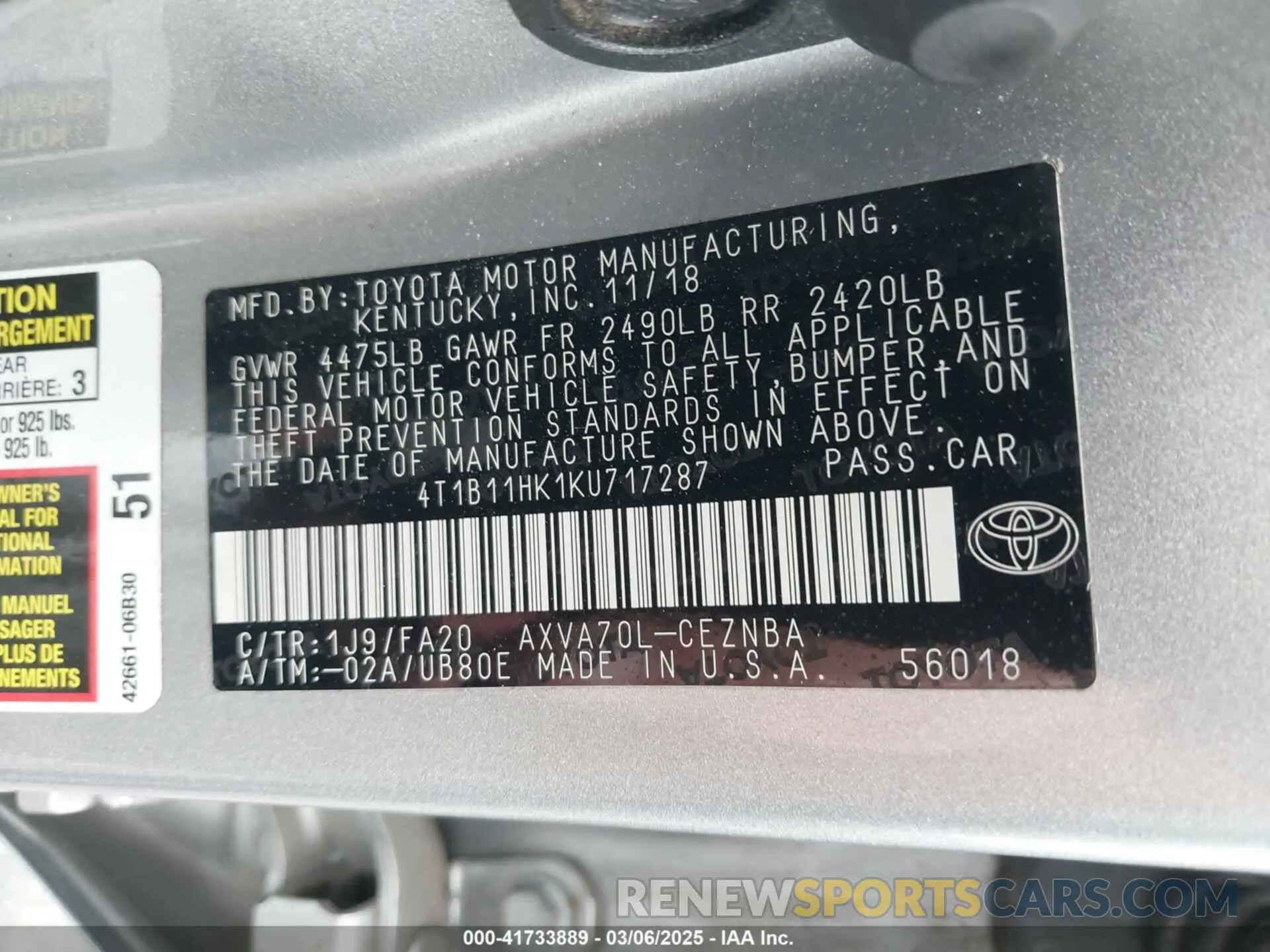 9 Photograph of a damaged car 4T1B11HK1KU717287 TOYOTA CAMRY 2019