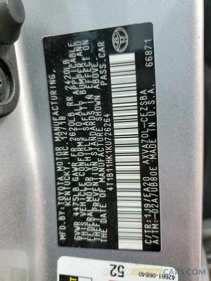 13 Photograph of a damaged car 4T1B11HK1KU726264 TOYOTA CAMRY 2019
