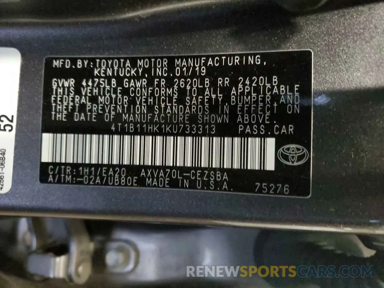 12 Photograph of a damaged car 4T1B11HK1KU733313 TOYOTA CAMRY 2019