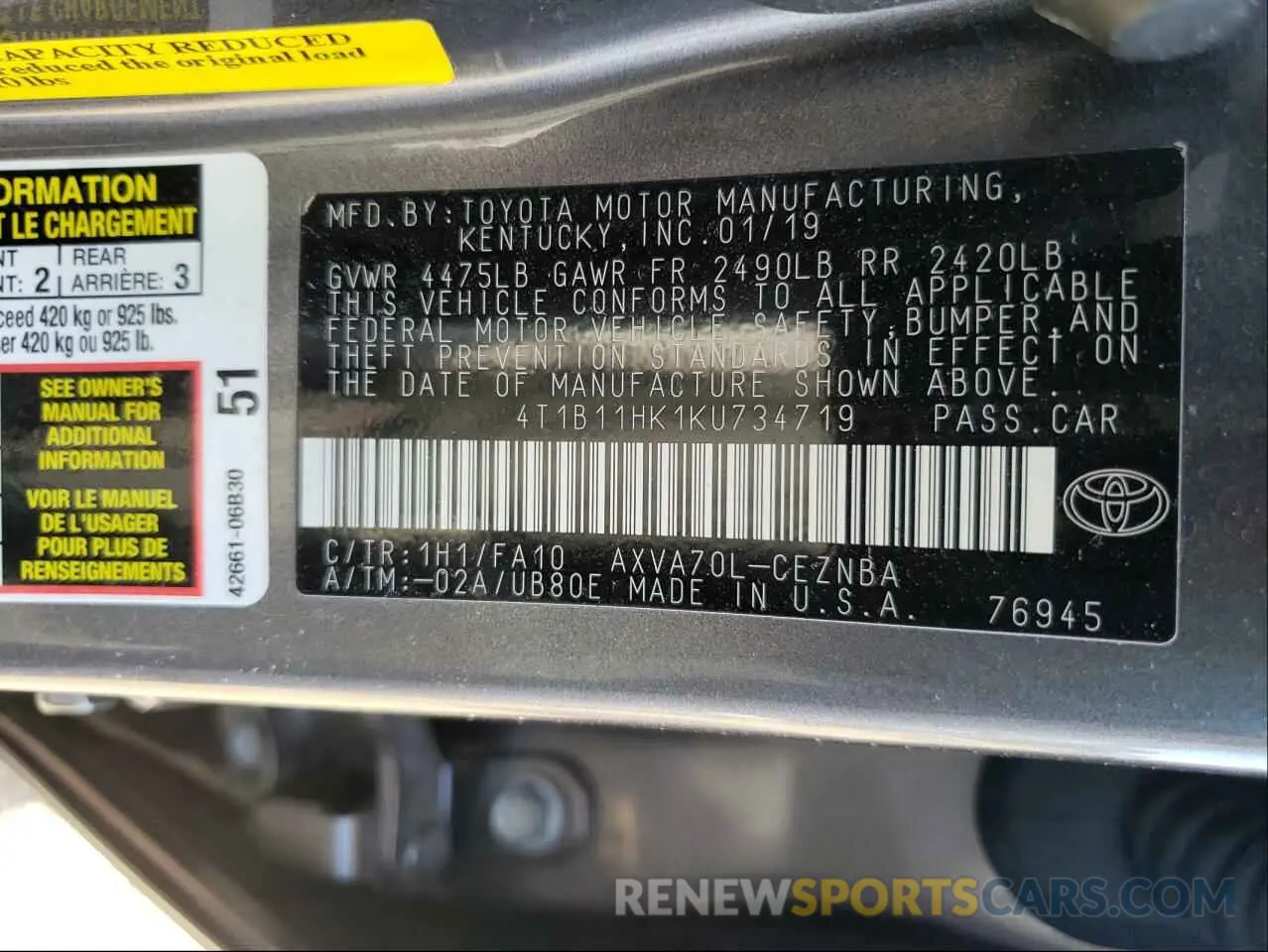 10 Photograph of a damaged car 4T1B11HK1KU734719 TOYOTA CAMRY 2019