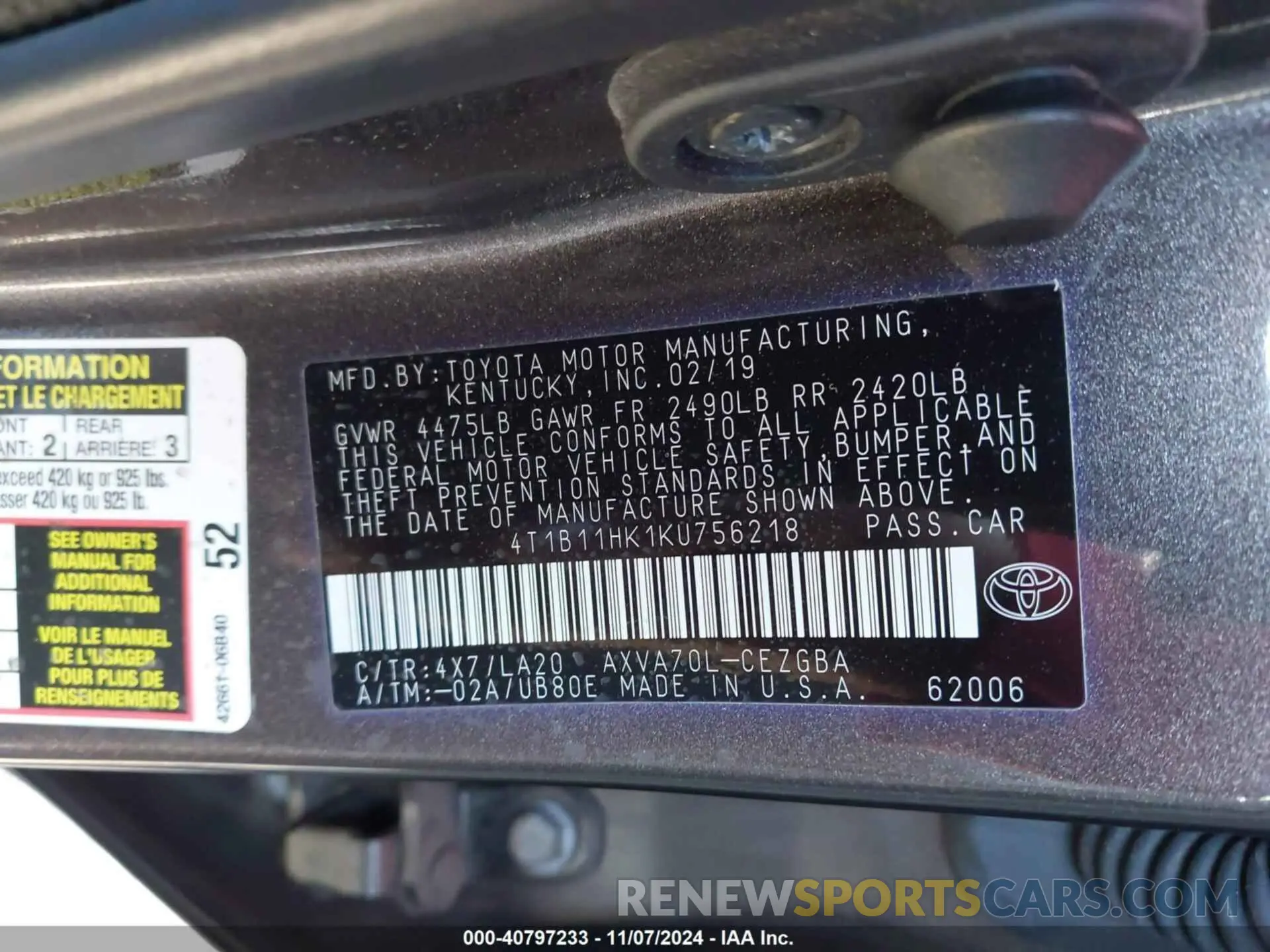 9 Фотография поврежденного автомобиля 4T1B11HK1KU756218 TOYOTA CAMRY 2019
