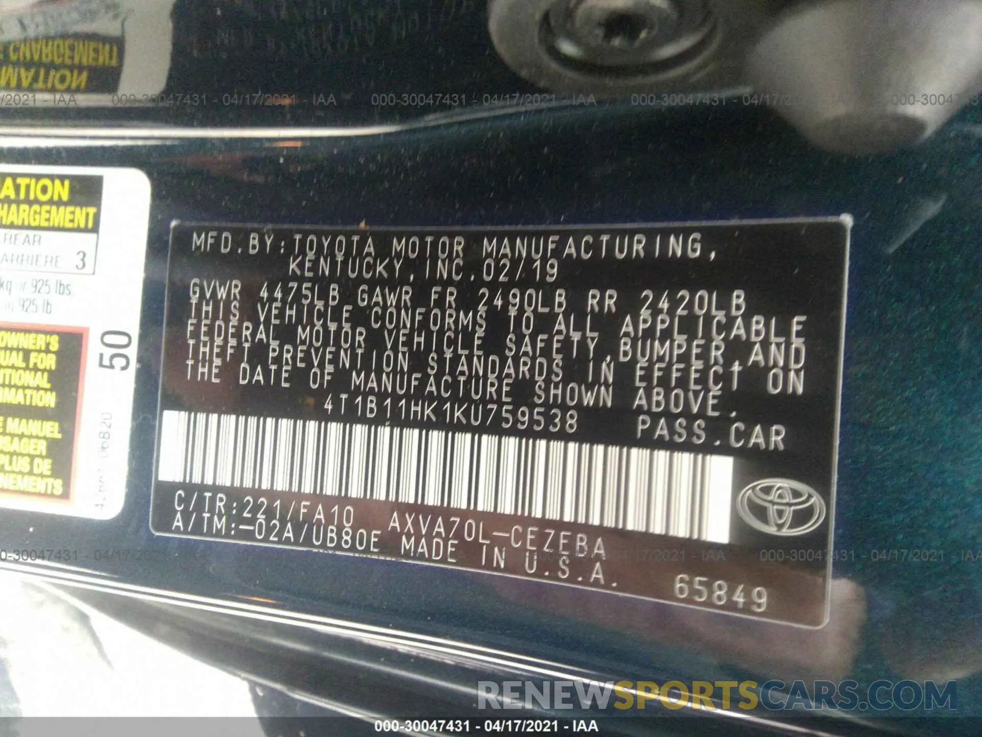 9 Photograph of a damaged car 4T1B11HK1KU759538 TOYOTA CAMRY 2019