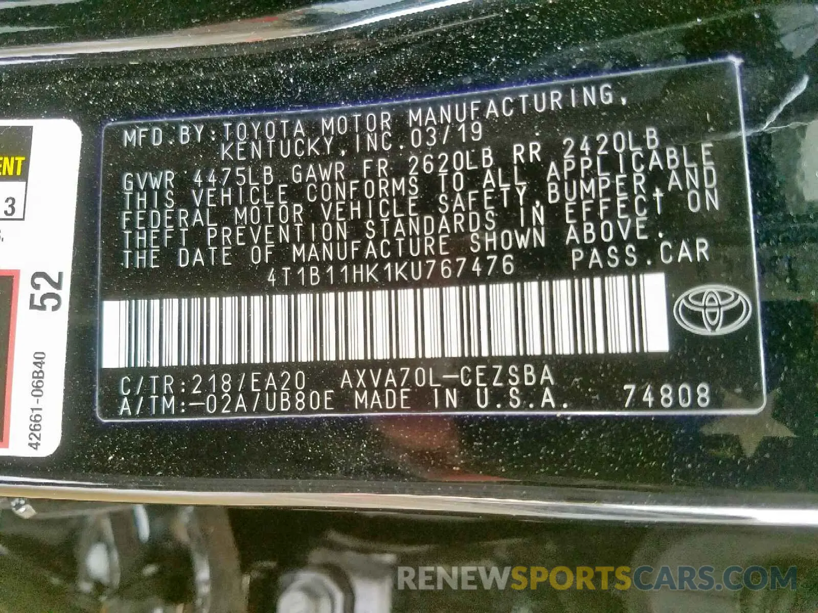 10 Photograph of a damaged car 4T1B11HK1KU767476 TOYOTA CAMRY 2019