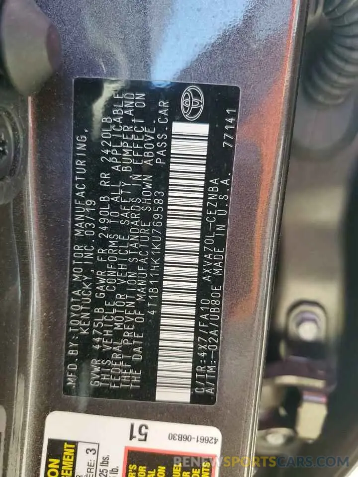 12 Photograph of a damaged car 4T1B11HK1KU769583 TOYOTA CAMRY 2019