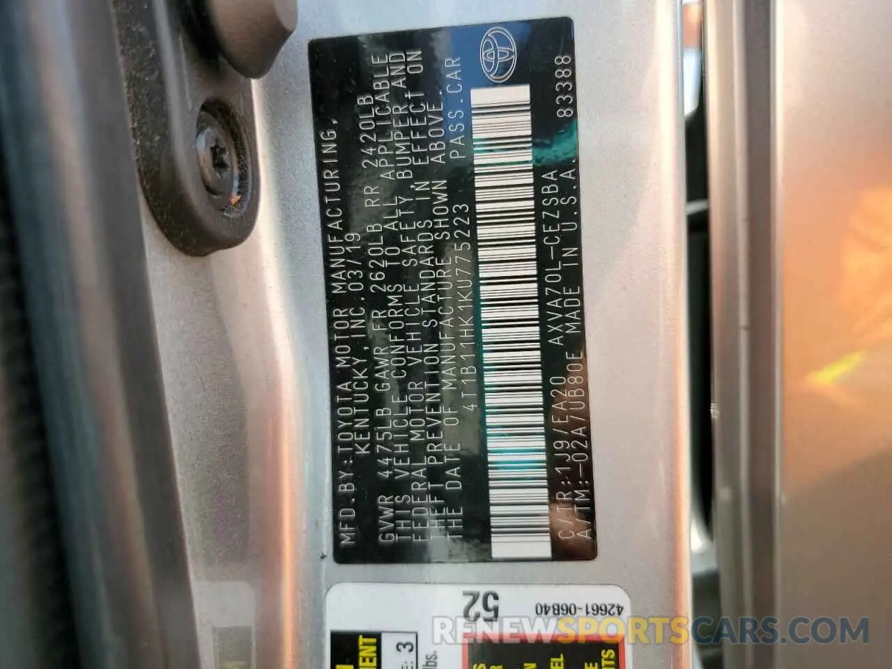 12 Фотография поврежденного автомобиля 4T1B11HK1KU775223 TOYOTA CAMRY 2019
