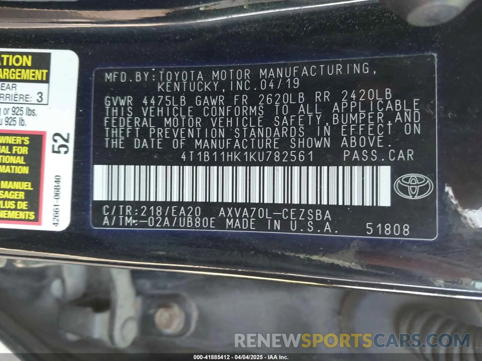 9 Photograph of a damaged car 4T1B11HK1KU782561 TOYOTA CAMRY 2019