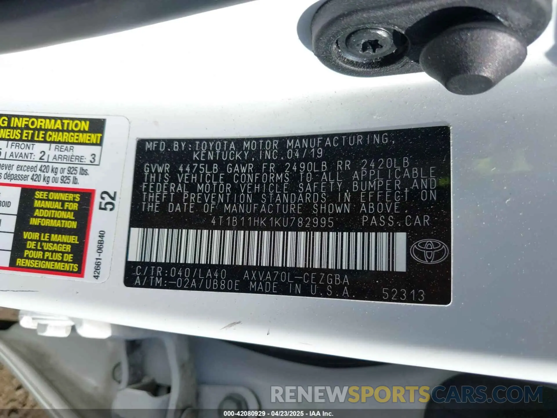 9 Фотография поврежденного автомобиля 4T1B11HK1KU782995 TOYOTA CAMRY 2019