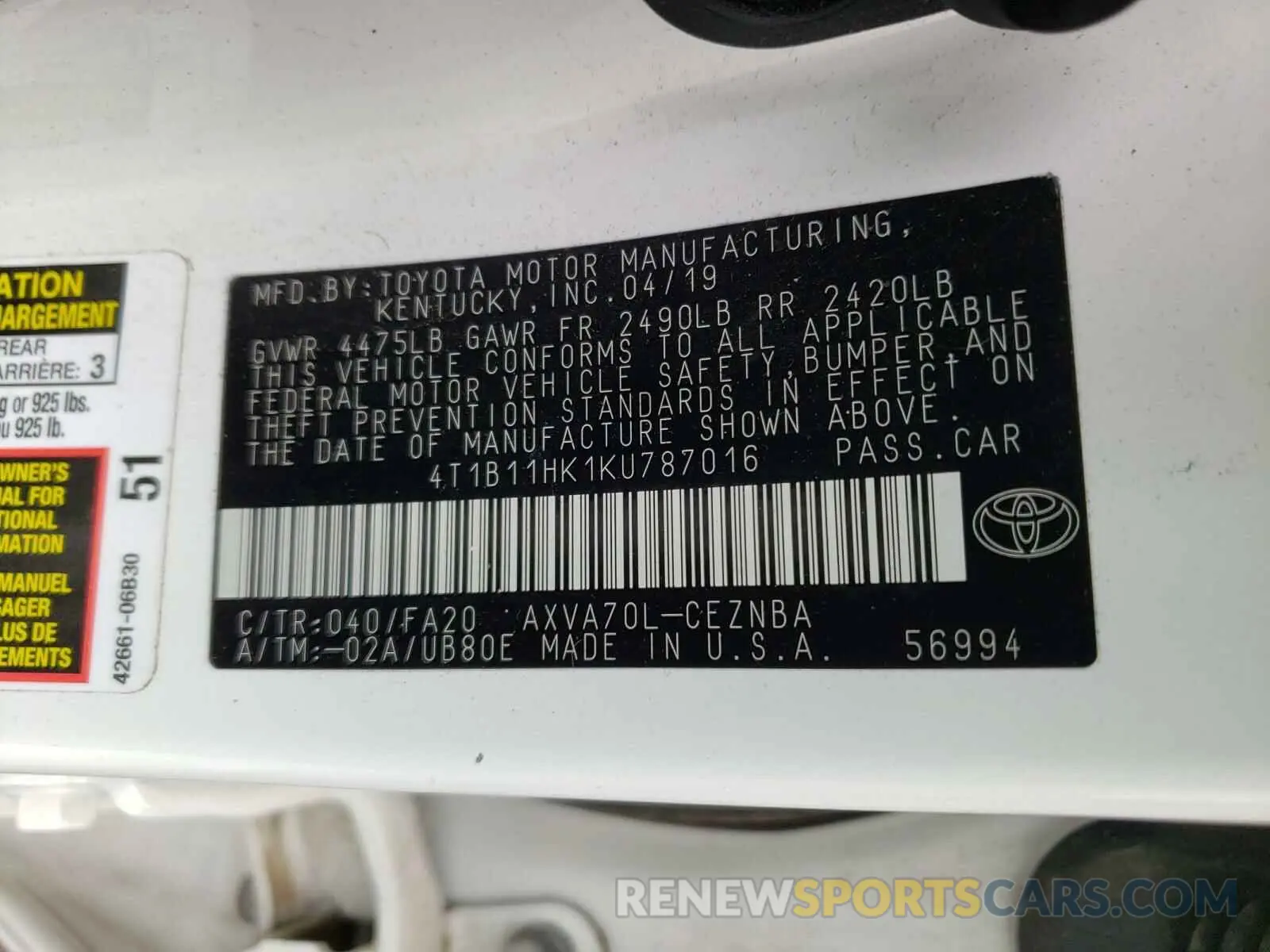 10 Photograph of a damaged car 4T1B11HK1KU787016 TOYOTA CAMRY 2019