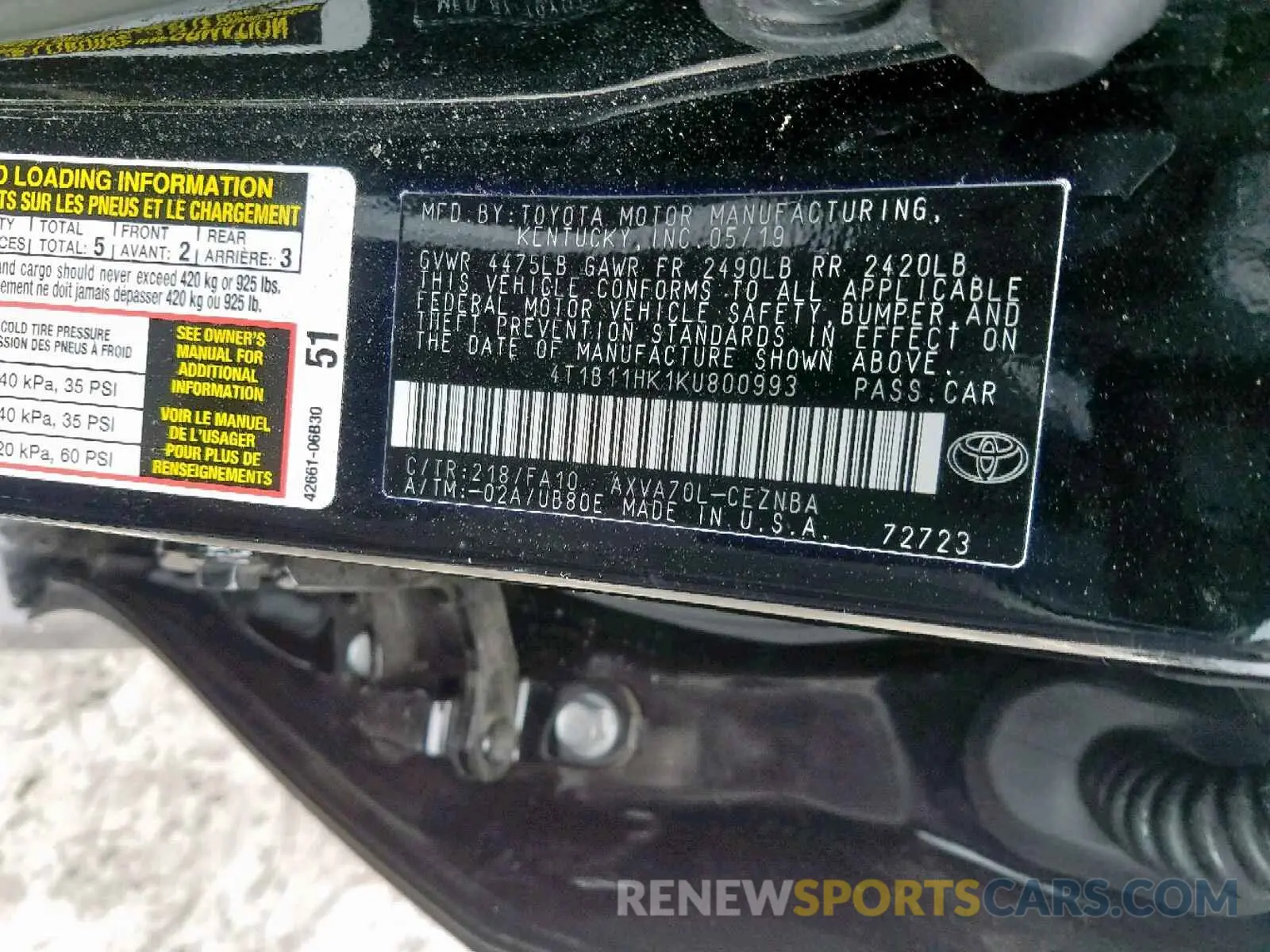 10 Photograph of a damaged car 4T1B11HK1KU800993 TOYOTA CAMRY 2019