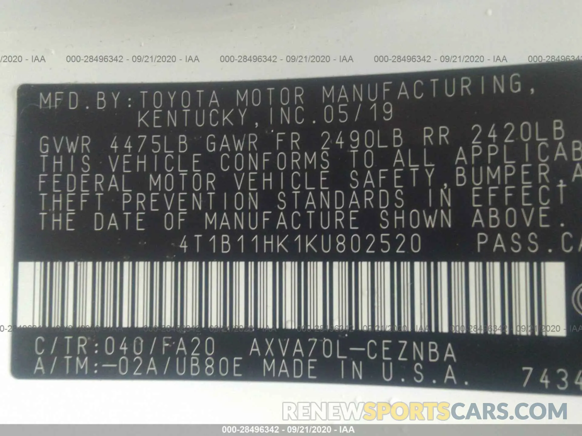 9 Photograph of a damaged car 4T1B11HK1KU802520 TOYOTA CAMRY 2019