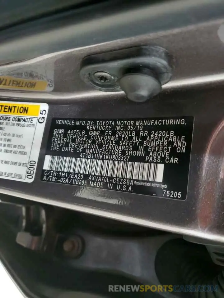 13 Photograph of a damaged car 4T1B11HK1KU803327 TOYOTA CAMRY 2019