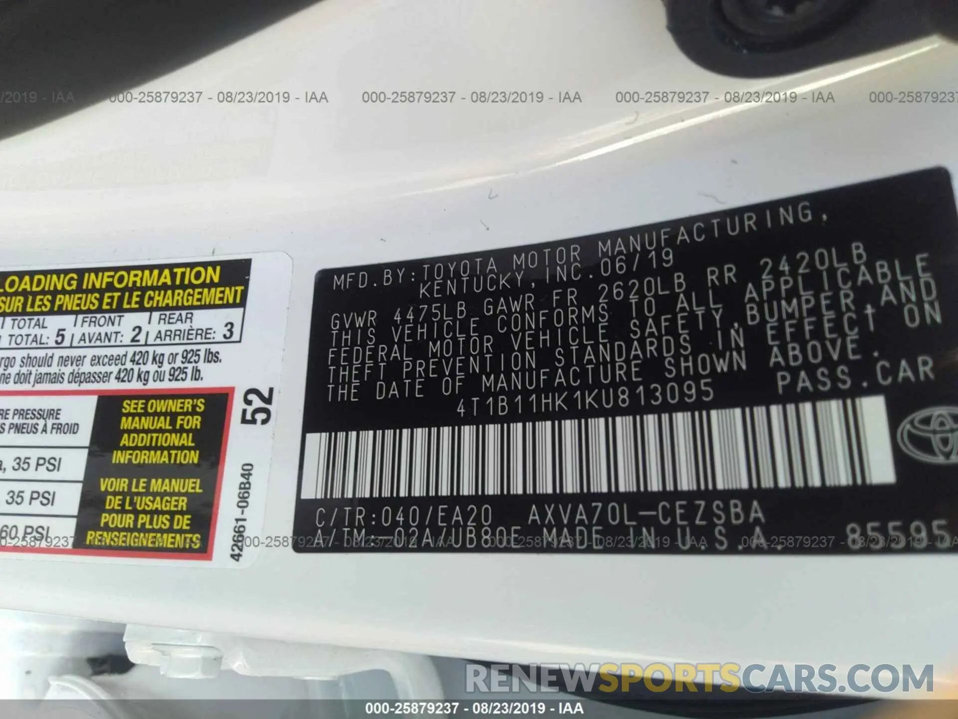 9 Photograph of a damaged car 4T1B11HK1KU813095 TOYOTA CAMRY 2019