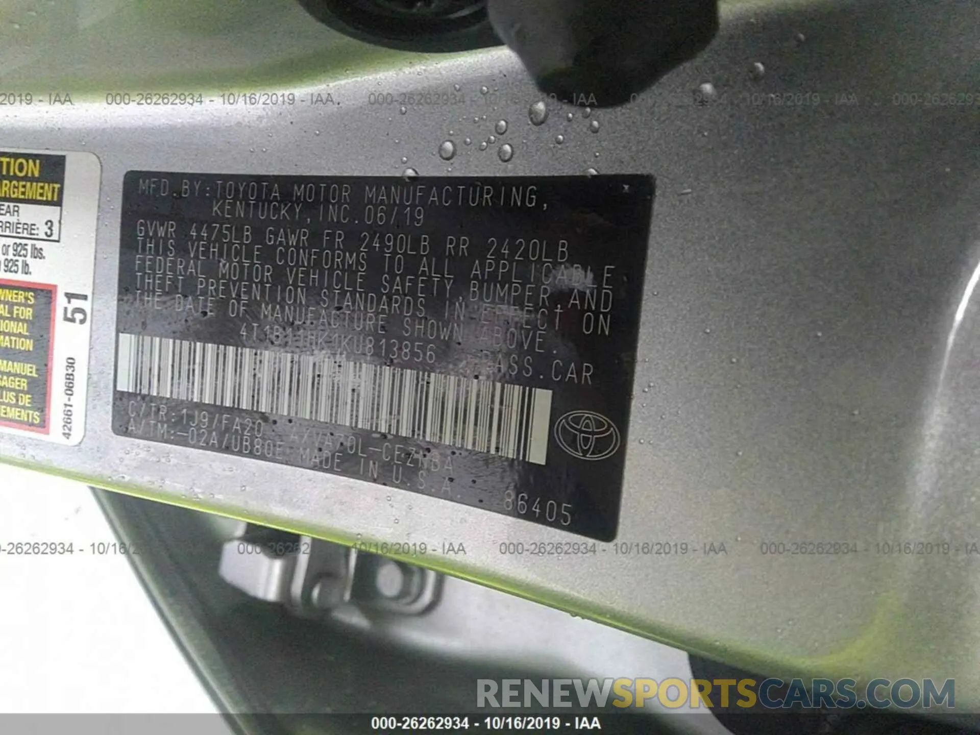 9 Photograph of a damaged car 4T1B11HK1KU813856 TOYOTA CAMRY 2019