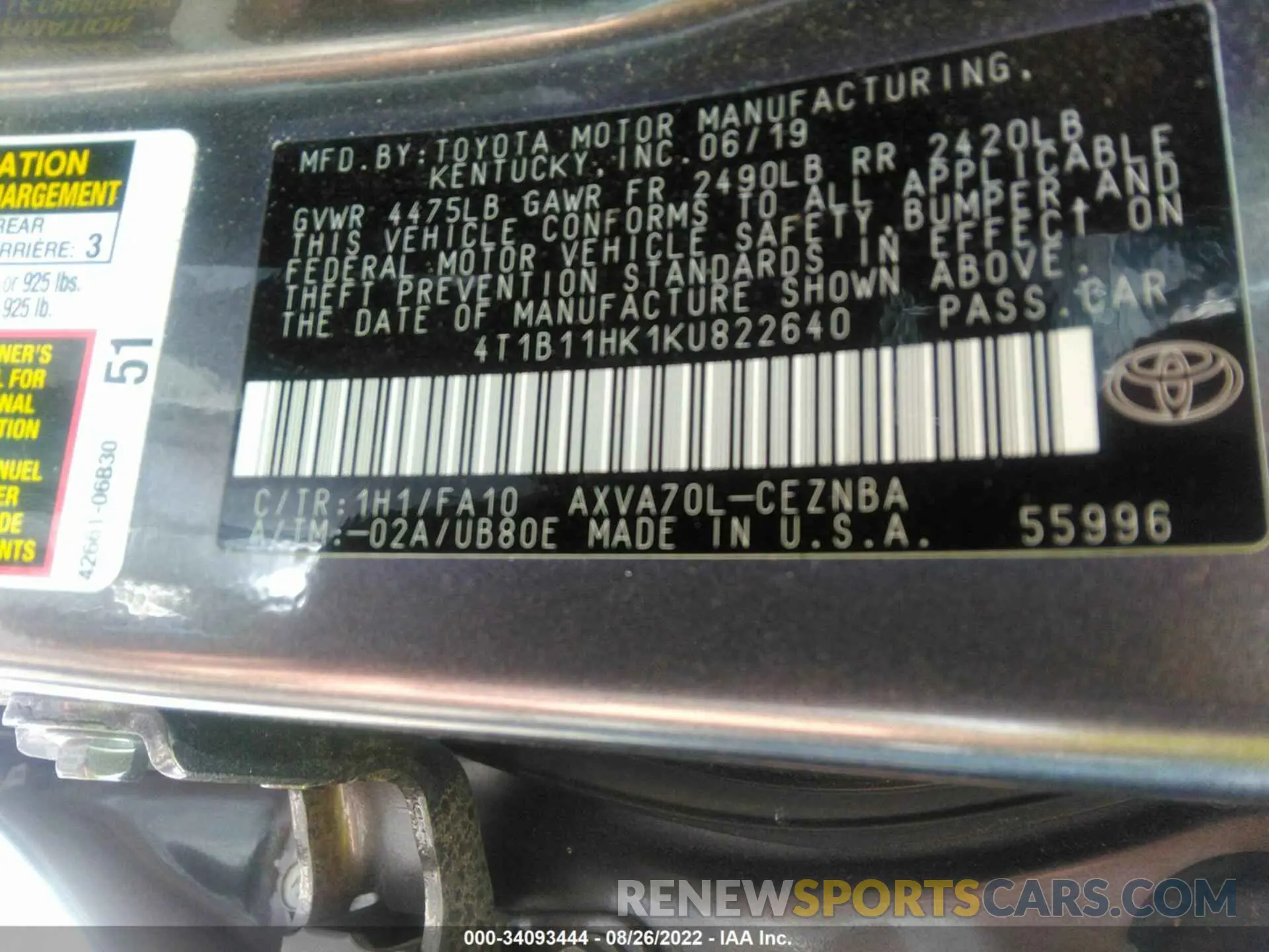 9 Photograph of a damaged car 4T1B11HK1KU822640 TOYOTA CAMRY 2019