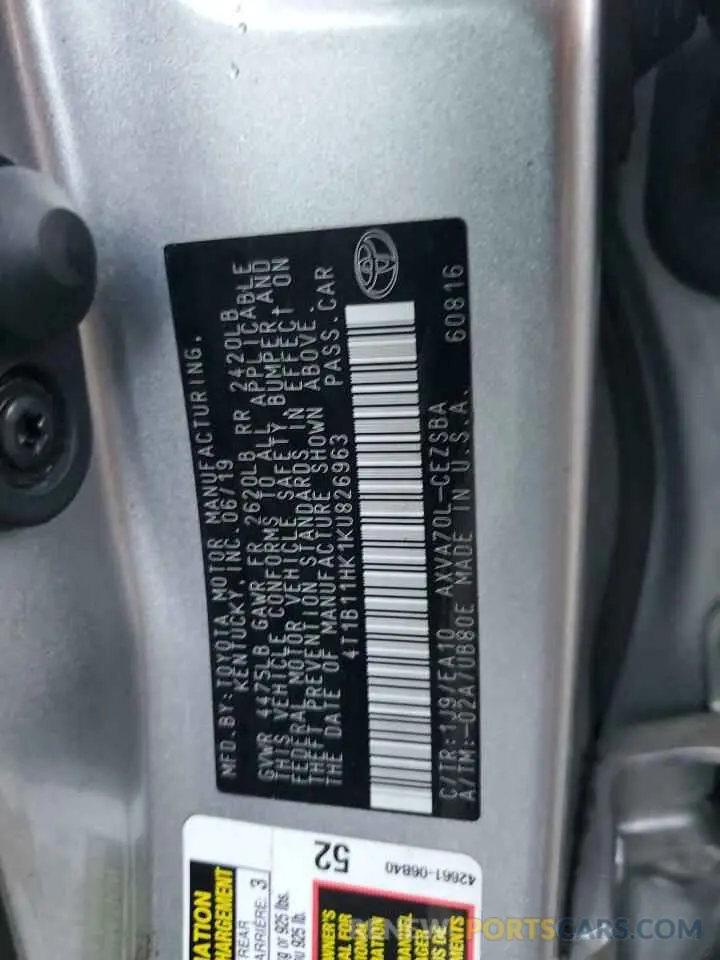 13 Фотография поврежденного автомобиля 4T1B11HK1KU826963 TOYOTA CAMRY 2019
