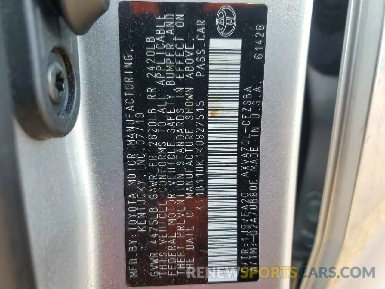 13 Фотография поврежденного автомобиля 4T1B11HK1KU827515 TOYOTA CAMRY 2019
