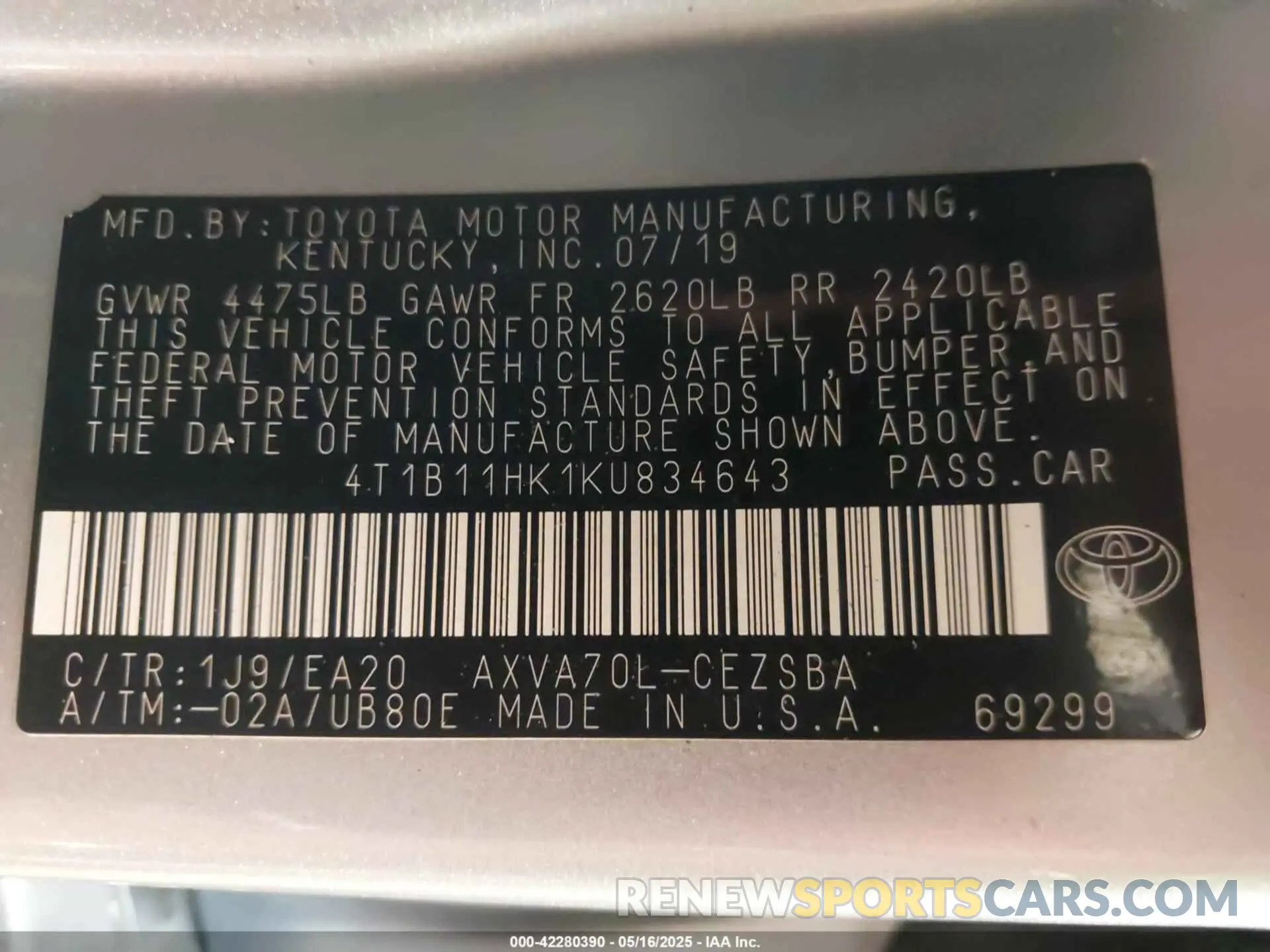 9 Фотография поврежденного автомобиля 4T1B11HK1KU834643 TOYOTA CAMRY 2019