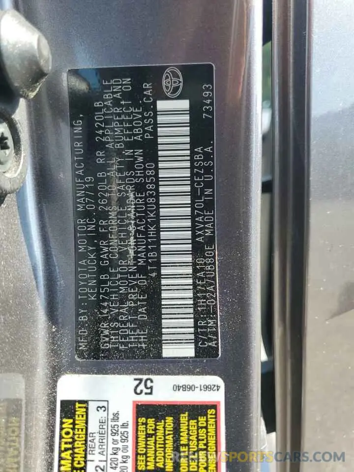12 Photograph of a damaged car 4T1B11HK1KU838580 TOYOTA CAMRY 2019
