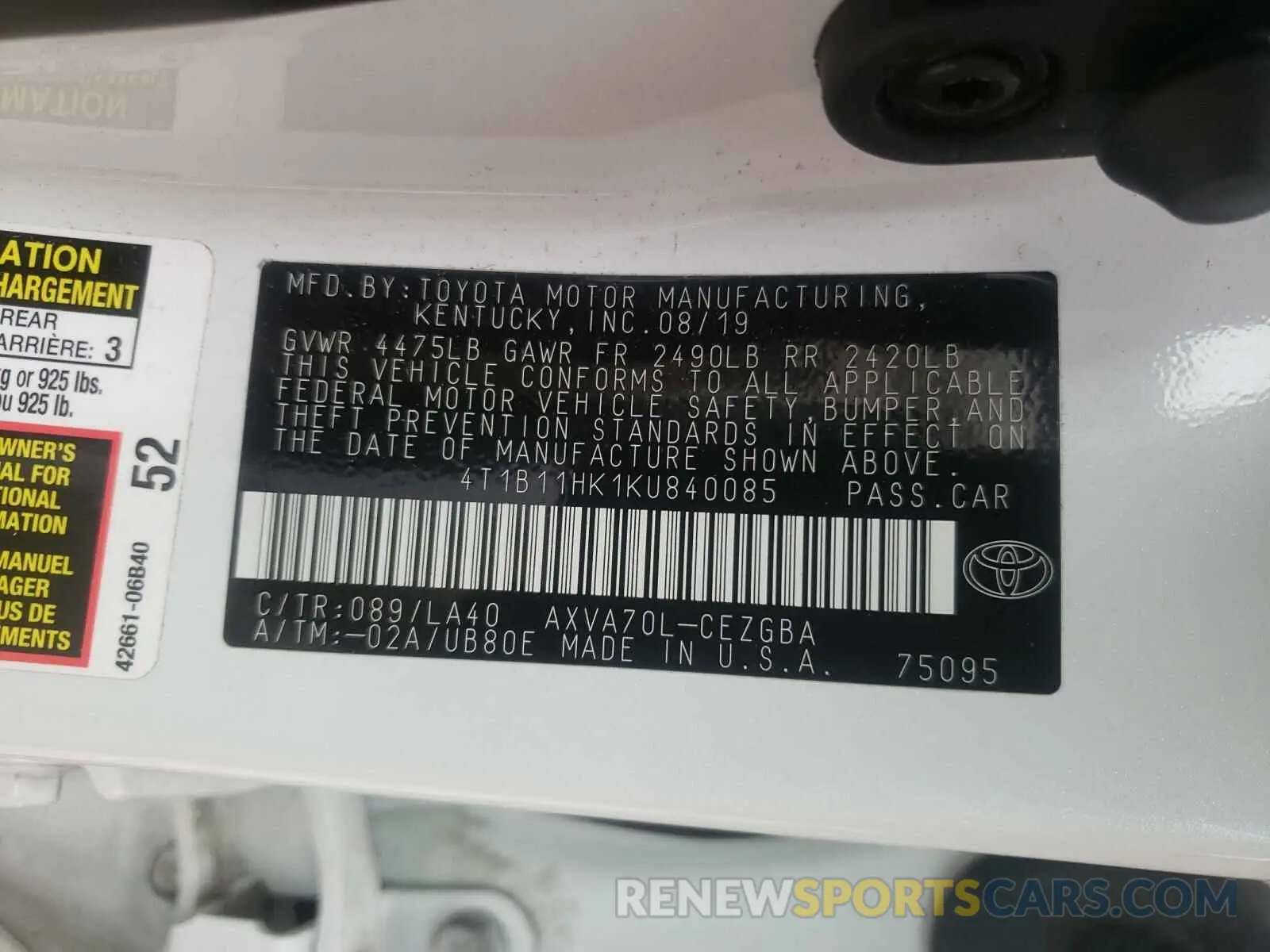 10 Photograph of a damaged car 4T1B11HK1KU840085 TOYOTA CAMRY 2019