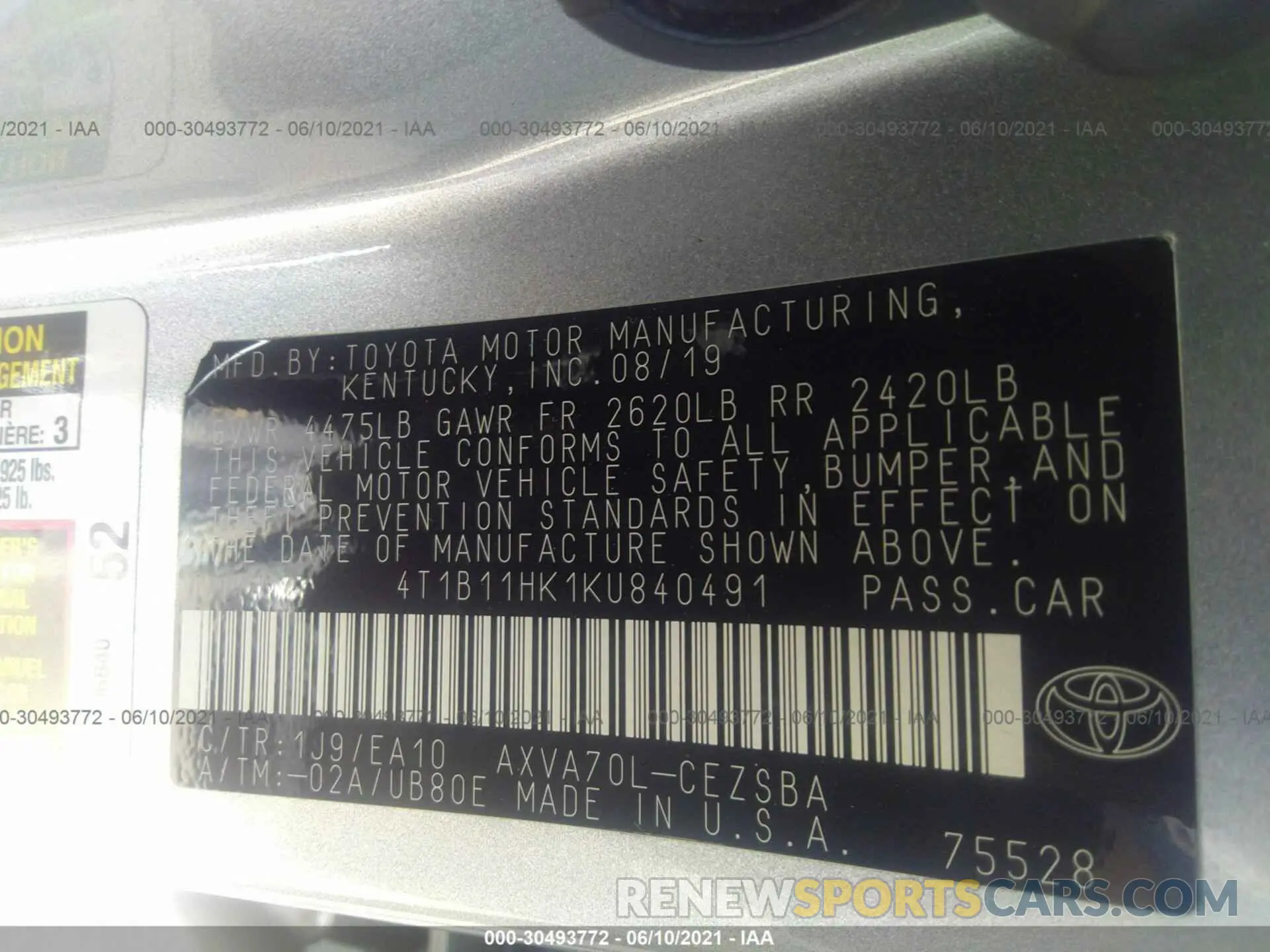 9 Photograph of a damaged car 4T1B11HK1KU840491 TOYOTA CAMRY 2019