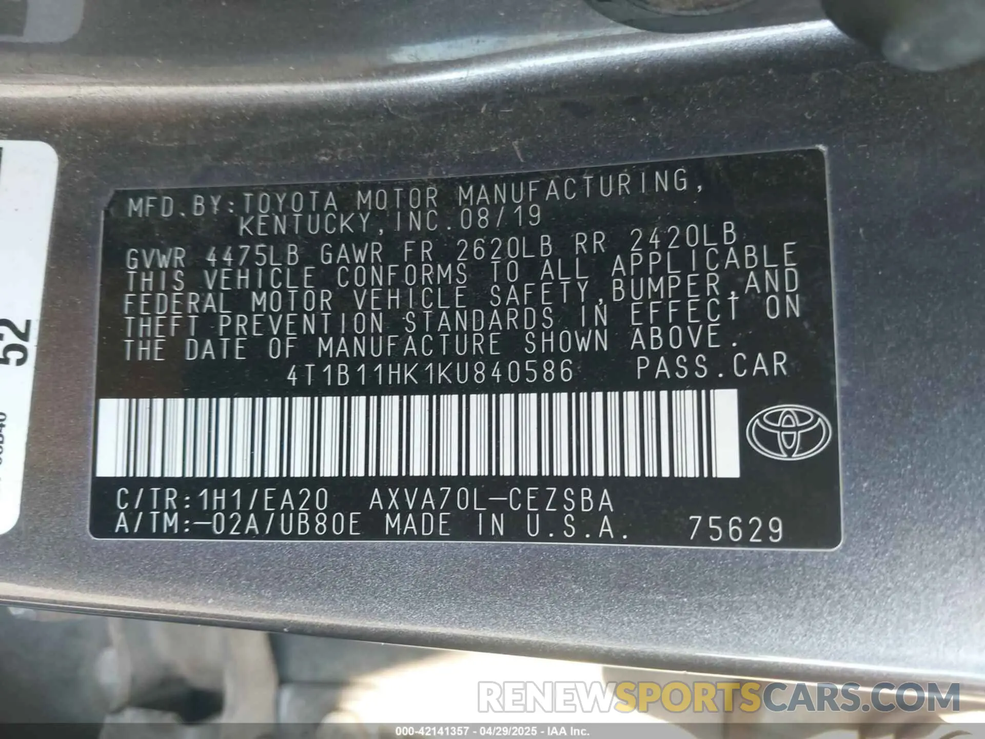 9 Photograph of a damaged car 4T1B11HK1KU840586 TOYOTA CAMRY 2019