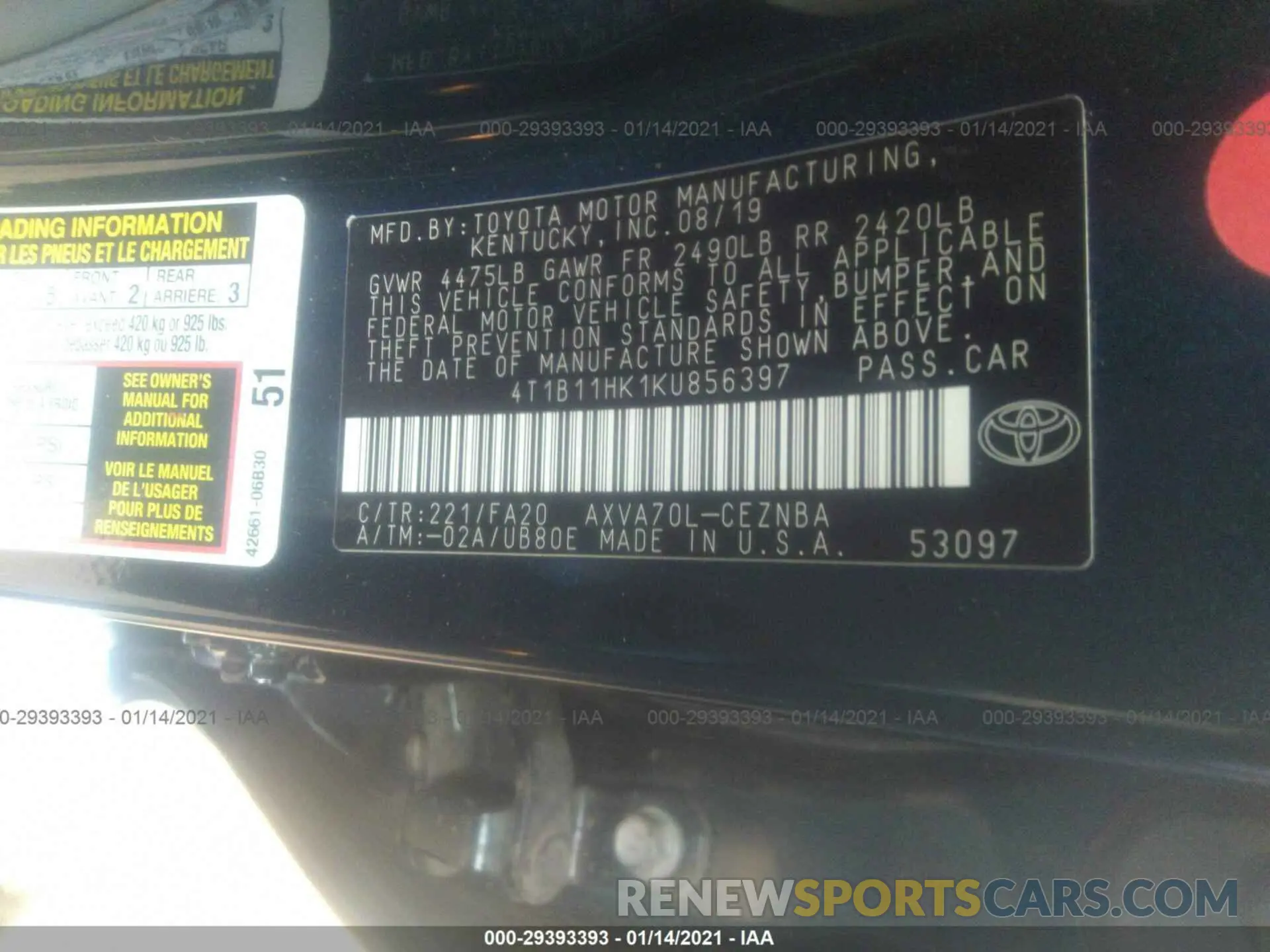 9 Photograph of a damaged car 4T1B11HK1KU856397 TOYOTA CAMRY 2019