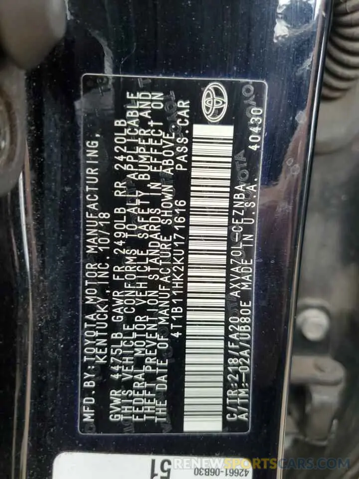12 Фотография поврежденного автомобиля 4T1B11HK2KU171616 TOYOTA CAMRY 2019