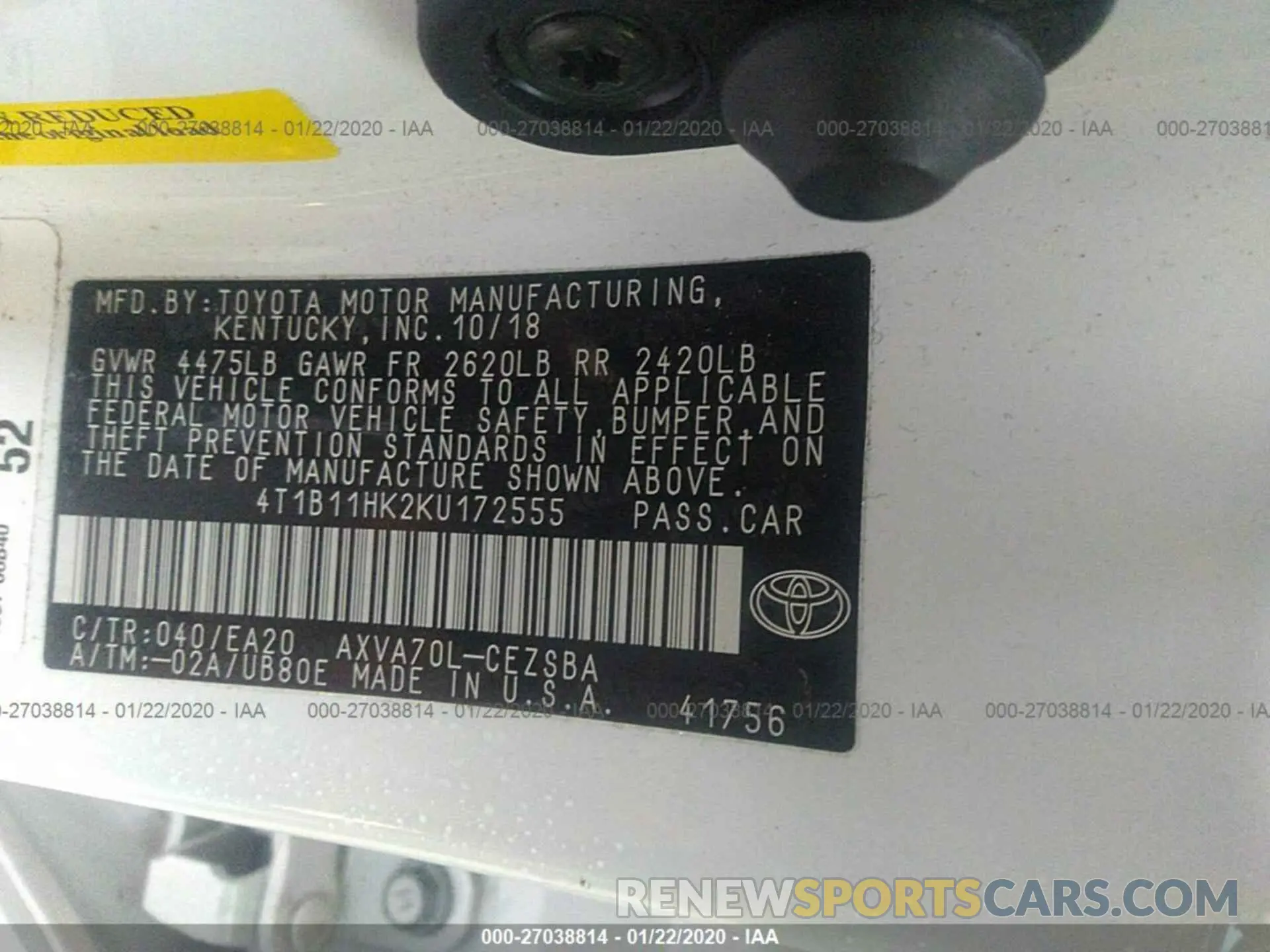 9 Photograph of a damaged car 4T1B11HK2KU172555 TOYOTA CAMRY 2019