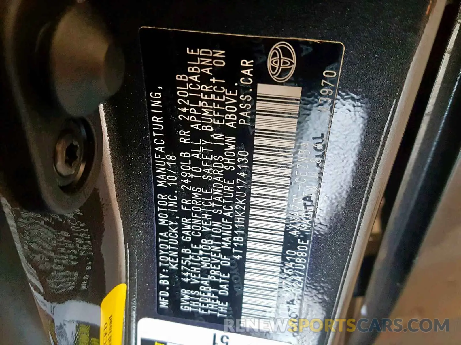 10 Photograph of a damaged car 4T1B11HK2KU174130 TOYOTA CAMRY 2019