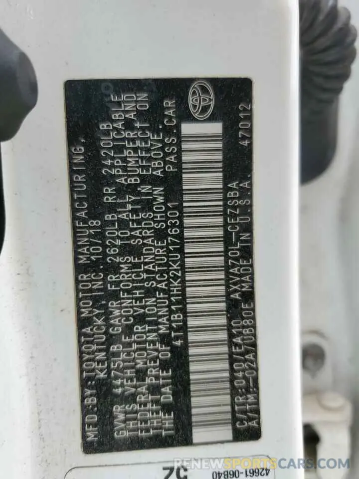 12 Photograph of a damaged car 4T1B11HK2KU176301 TOYOTA CAMRY 2019