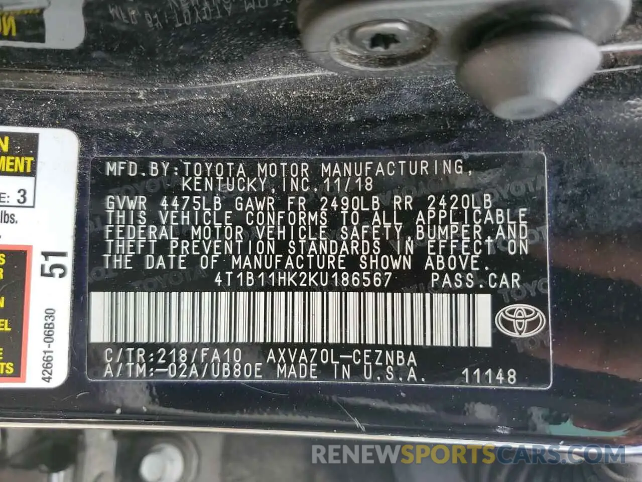 12 Photograph of a damaged car 4T1B11HK2KU186567 TOYOTA CAMRY 2019