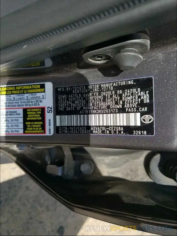 10 Photograph of a damaged car 4T1B11HK2KU203173 TOYOTA CAMRY 2019