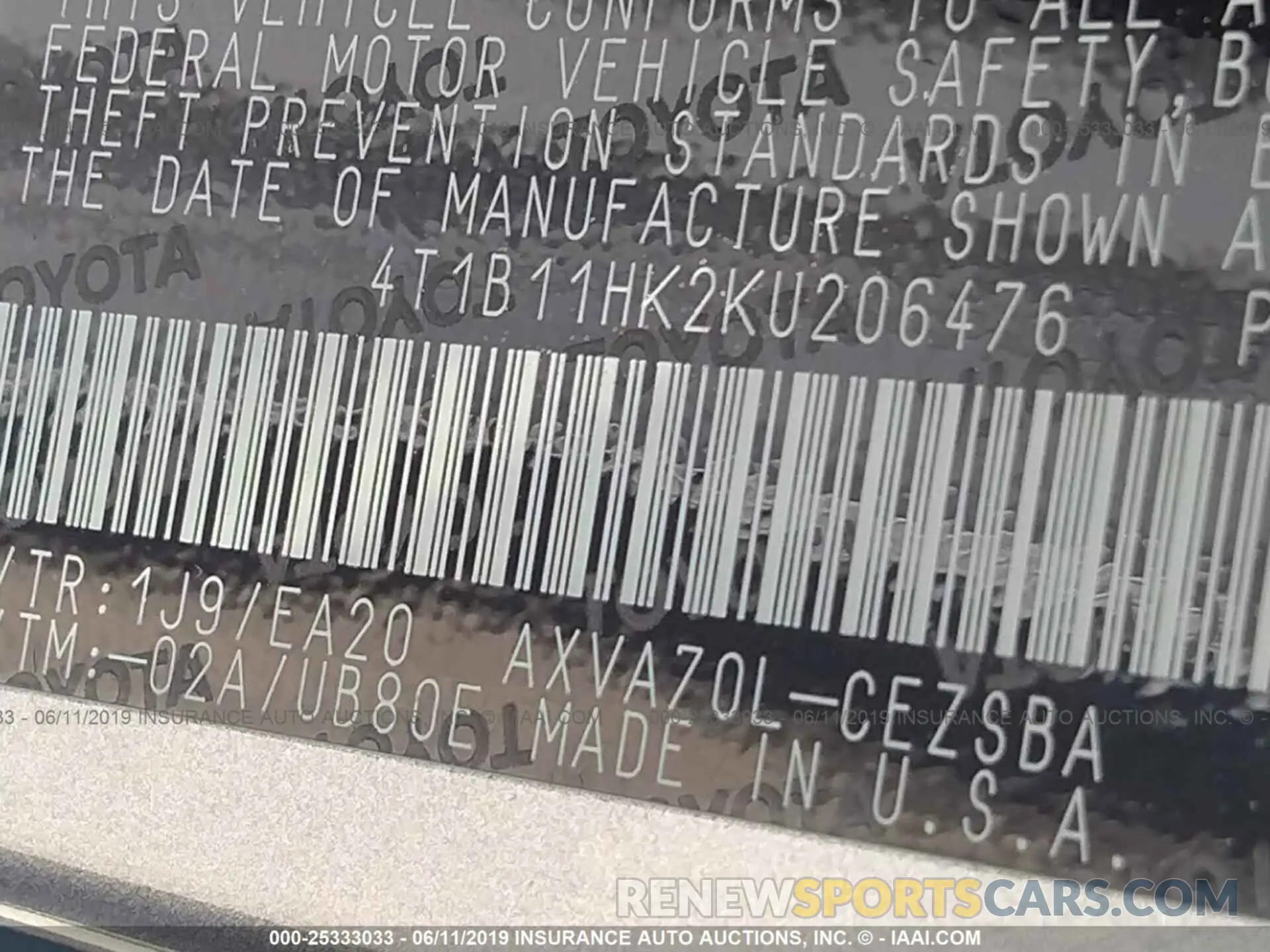 9 Photograph of a damaged car 4T1B11HK2KU206476 TOYOTA CAMRY 2019