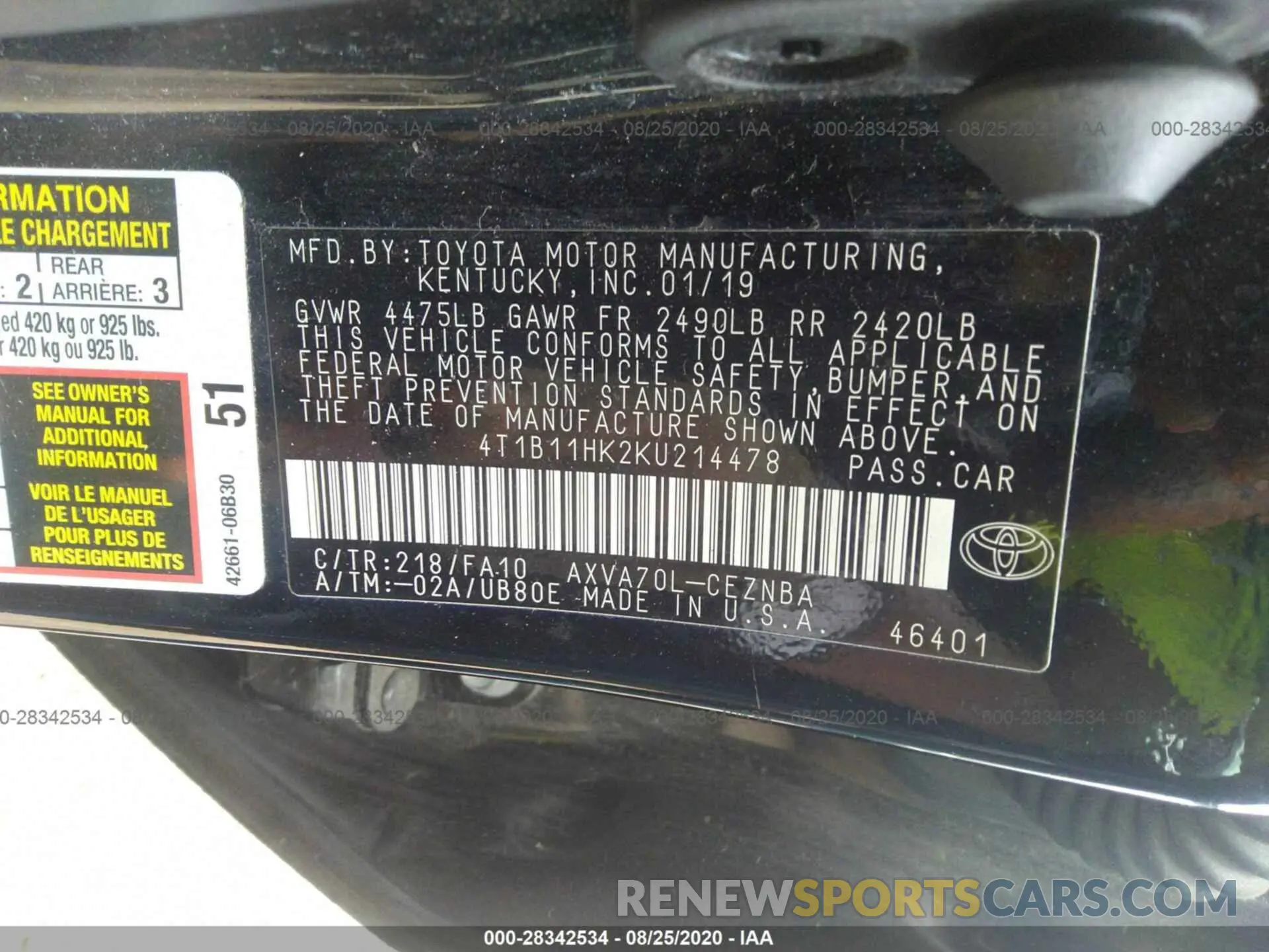 9 Photograph of a damaged car 4T1B11HK2KU214478 TOYOTA CAMRY 2019