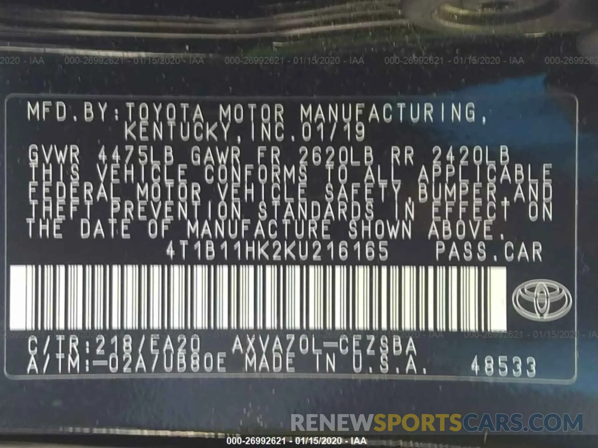 9 Photograph of a damaged car 4T1B11HK2KU216165 TOYOTA CAMRY 2019