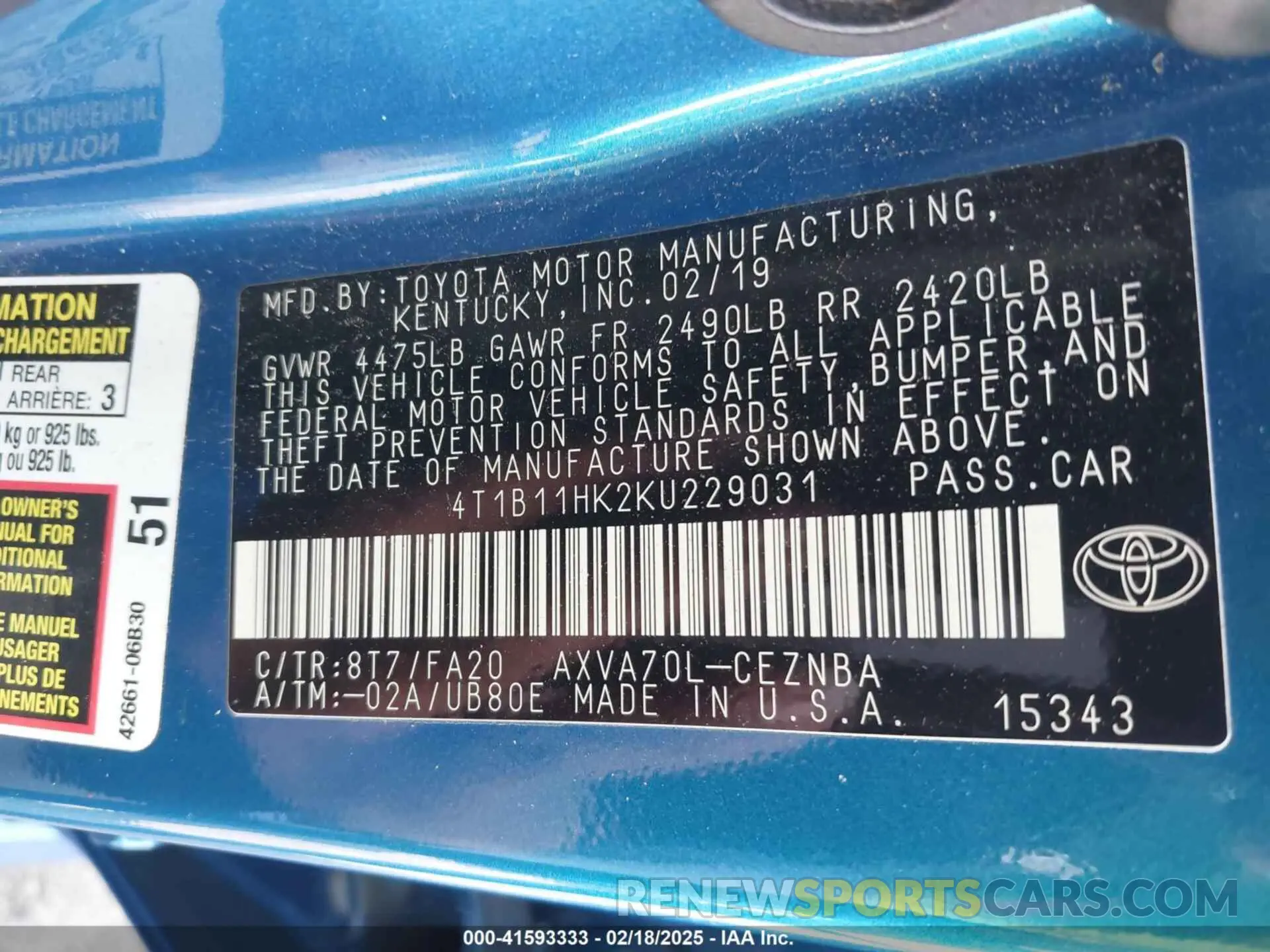 9 Фотография поврежденного автомобиля 4T1B11HK2KU229031 TOYOTA CAMRY 2019
