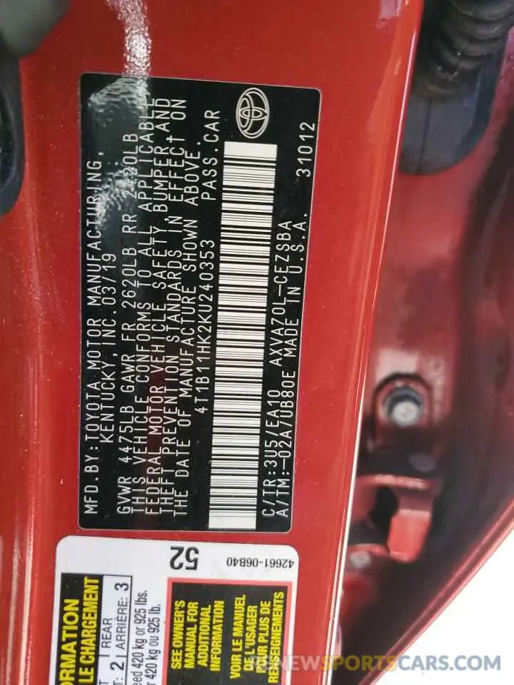 12 Photograph of a damaged car 4T1B11HK2KU240353 TOYOTA CAMRY 2019